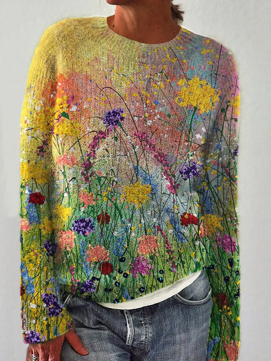 Pull d'art confortable réalisé à partir de peintures à l'huile de fleurs