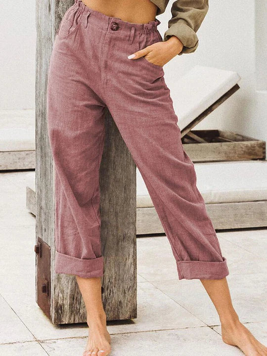 Pantalon élégant en lin avec ourlet roulé - confort et tendance