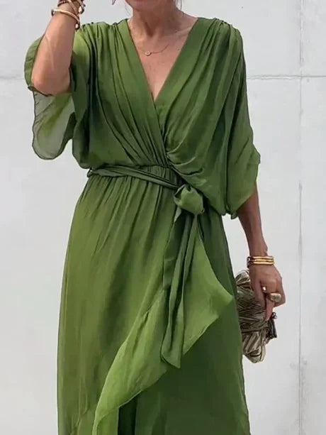 Fiona - robe midi en mousseline verte à col en v