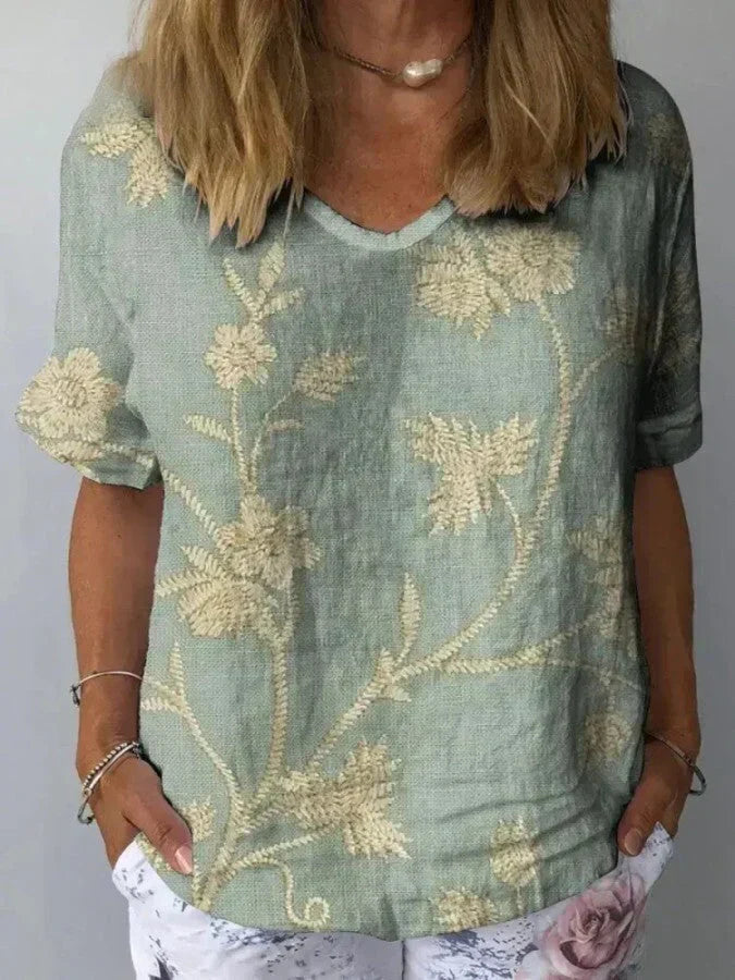 Chemise - décontractée pour femme avec motif floral rétro en coton et lin